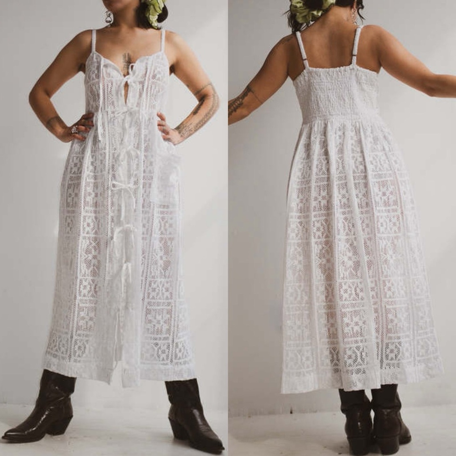 Ajaie Alaie Cream White Crochet Lace Tie Front Candor Dress - Medium